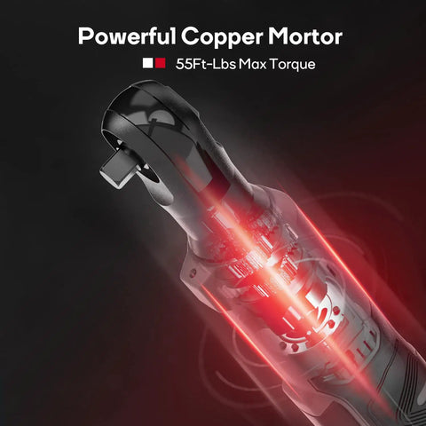 Close-up of Three Eighths Inch Cordless Electric Ratchet Wrench Set With Beast Torque At 55 Ft-Lbs, highlighting powerful copper motor.