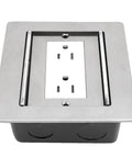 Flush Mounted Recessed Floor Outlet With Dual AC Outlets And Smooth Slide Cover, stainless steel finish, easy access design.