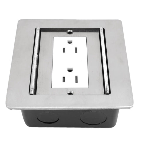 Flush Mounted Recessed Floor Outlet With Dual AC Outlets And Smooth Slide Cover, stainless steel finish, easy access design.