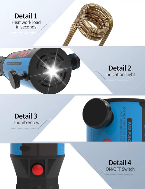 Induction Heater Kit 1200W 110V Bolt Removal Tool With Four Coils showcasing details of quick heat up, indication light, thumb screw, switch.