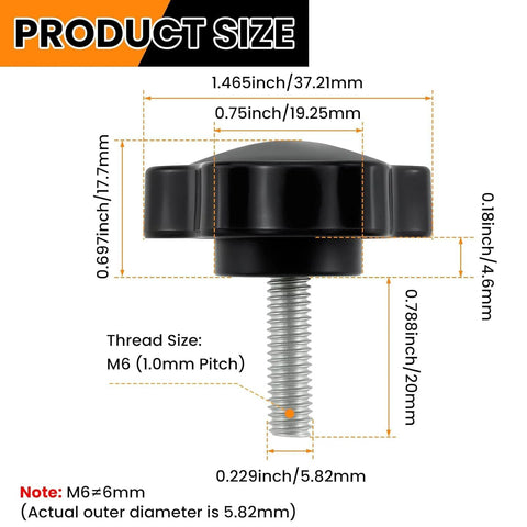 Front view of black plastic star-shaped M6 × 20mm hand knob, hex clamping knob for umbrella base replacement.