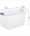Blue 66 Quart Clear Storage Bin with Latching Lid for Easy Grip Heavy Loads Stackable Plastic Container Organize Clothing Boots and Seasonal Gear, measuring 24x16x13.875 inches.