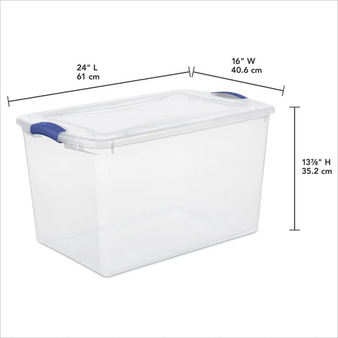 Blue 66 Quart Clear Storage Bin with Latching Lid for Easy Grip Heavy Loads Stackable Plastic Container Organize Clothing Boots and Seasonal Gear, measuring 24x16x13.875 inches.