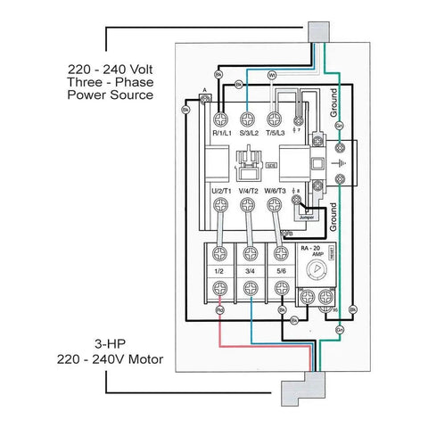 Diagram of Beefed Up Three Phase Magnetic Switch 220 To 240 Volt 3 HP 8 To 12 Amp UL Approved, showing connections and components.