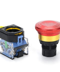 Built Tough Emergency Stop Button 10A 440V Latching Push Switch, red 22mm IP65 waterproof self-locking shutoff for industrial panels.