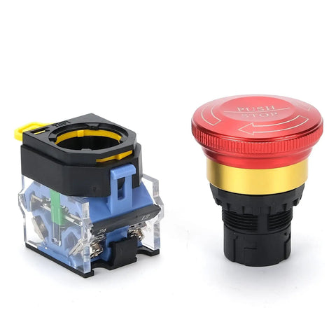 Built Tough Emergency Stop Button 10A 440V Latching Push Switch, red 22mm IP65 waterproof self-locking shutoff for industrial panels.