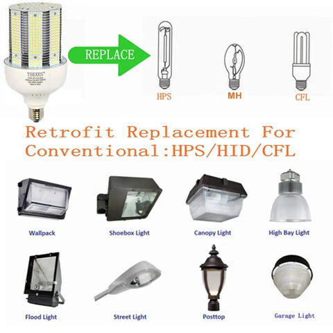 120W LED Corn Cob Bulb With E26 E39 Mogul Base 6000K Daylight 18000 Lumens Instant On 360 Degree Beam, retrofit options shown