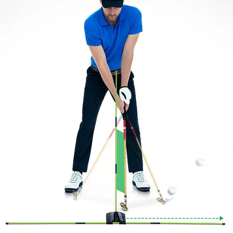 Man using Pro Grade Golf Swing Trainer With Adjustable Angle Tool And Red Fiberglass Direction Rod For Swing Plane Correction Visual Alignment Guide And Muscle Memory Development Green