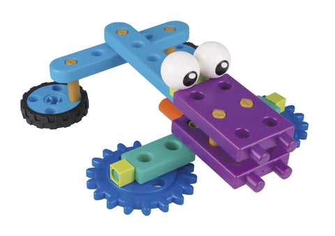 Colorful robot from Robot Engineer STEM Kit for Kids Kid Friendly Build 10 Non Motorized Robots with storybook manual.