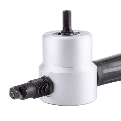 Close-up of Heavy Duty Sheet Metal Nibbler Cutter With Double Head Design, showing the drill powered tool for cutting metal surfaces