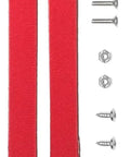 Velcro Laptop Security Strap Kit For Workstations includes two red straps, four screws, and two nuts for easy installation.