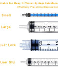 Small and large syringe interfaces with Luer Lock and Luer Slip designs for precise fluid transfer and injection tasks.