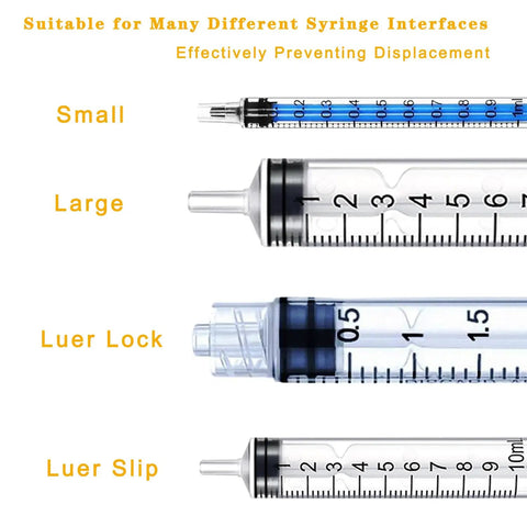 Small and large syringe interfaces with Luer Lock and Luer Slip designs for precise fluid transfer and injection tasks.