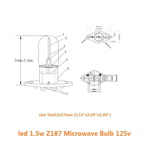 Technical schematic of 2 Pack LED Filament Microwave Bulbs Z187 Base, 1.5W, 125V, 54x52x27mm dimensions.