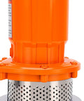 Heavy Duty Submersible Sump Pump With 370W Motor And 6000 GPH Flow To Blast Floodwater From Basements Or Drain Pools Fast featuring orange top and stainless steel base.