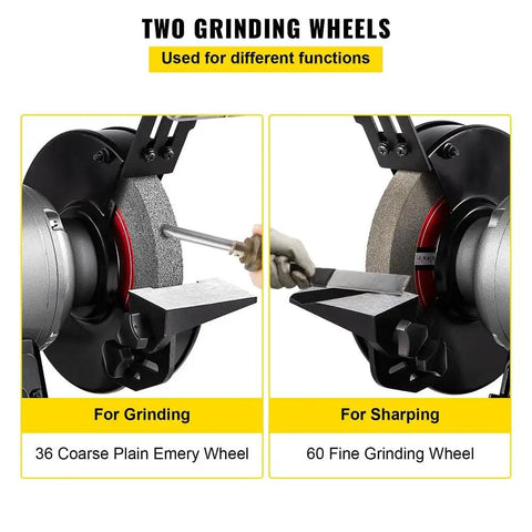 Heavy Duty Bench Top Grinder With Smooth Variable Speed Control And 6 Inch Dual Wheels Fueled By A Pure Copper Motor showing two grinding wheels for different functions.