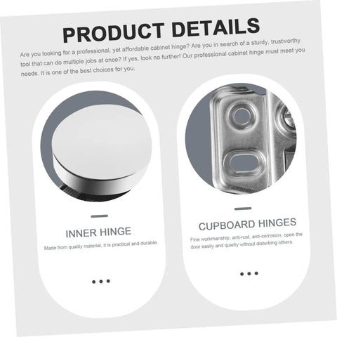 Product details showing inner hinge and cupboard hinges from Two Piece Hydraulic Glass Door Hinges Thickened Heavy Duty Silent Hidden Cabinet Hinges With Soft Close Buffer For Kitchen Cupboard Doors Includes Two Pack For Easy Replacement And Smooth Noise Free Opening.