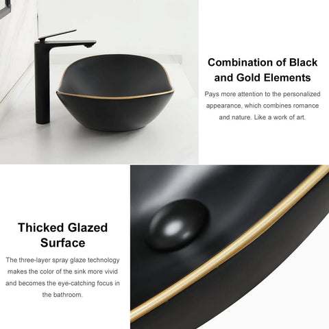 Close-up of Large Matte Black Oval Vessel Sink With Gold Trim And Pop Up Drain For Above Counter Bathroom Use, Ceramic Vessel Sink