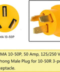Nema 10 To 14 Power Adapter 50 Amp Plug Converter For Dryers Welders Generators And Rvs slick yellow male plug with three prongs.