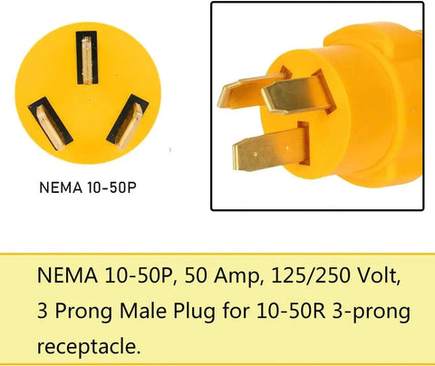 Nema 10 To 14 Power Adapter 50 Amp Plug Converter For Dryers Welders Generators And Rvs slick yellow male plug with three prongs.