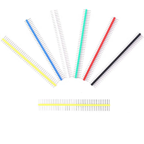 70 Piece 2.54mm Breakaway Single Row Straight Male Pin Header Kit in multiple colors, showing 40-pin options and yellow 17mm needle.