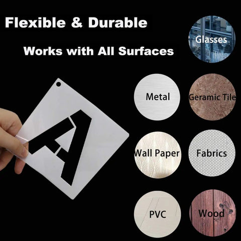Reusable 2 Inch Letter Stencil Set For Wood Wall Fabric Rock And Signage DIY Art Projects showing a stencil with an 'A' and compatible surfaces.