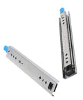 Rock Solid Heavy Duty Fully Extending Drawer Slides Featuring Beefy Carbon Ball Bearings And Secure Latch Mechanism For Ultra Smooth Household And Garage Installations in silver, showing full extension.