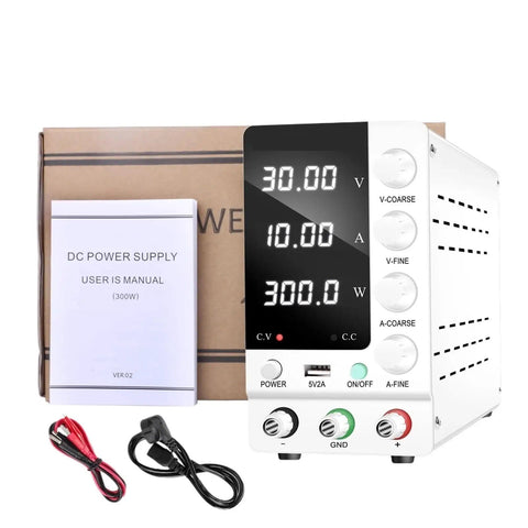 Adjustable DC Lab Power Supply 32V 6A and 30V 10A Regulated Switching Supply with manual and cables