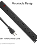 Heavy Duty Metal Eight Outlet Power Strip With Wall Mount, Wide Spaced Sockets, On Off Switch, 3 Foot SJT 14AWG Power Cord