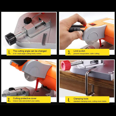 Features of Compact 45 Degree Mini Benchtop Cut Off Saw For Wood Metal And Plastic With Clamping Tool Adjustable Cutting Angle Beast Fast 7800 RPM