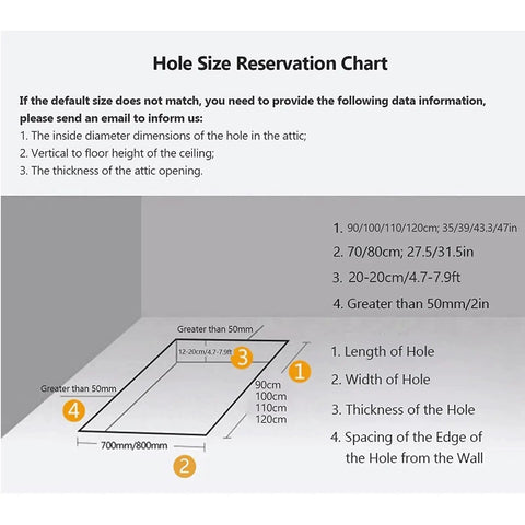 Hole size reservation chart for Killer Electric Attic Ladder With Slick Remote Control Pull Down Telescoping Ceiling Stairs.