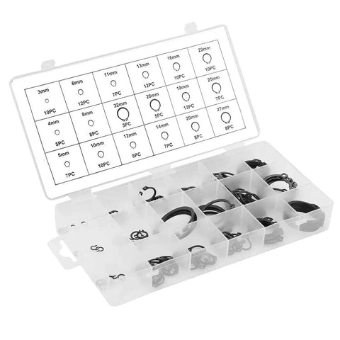 Heavy Duty 150 Pcs Black C Clip Retaining Ring Set 3mm to 32mm Internal and External, 18 Sizes with Storage Box on display