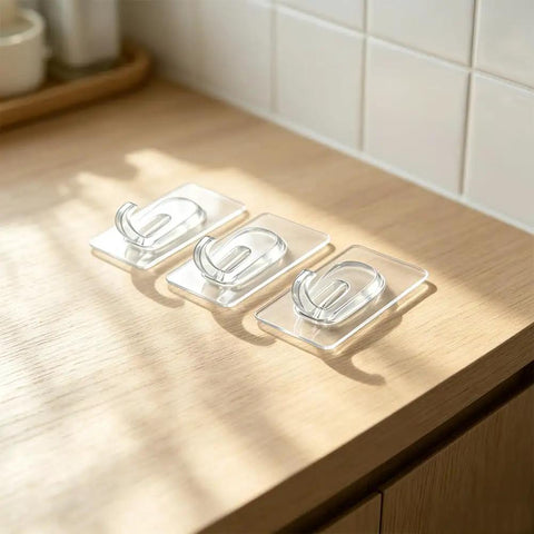 Upgraded Heavy Duty Nano Acrylic Gel Small Clear Adhesive Hooks 36 Pack Damage Free Mini Wall Hangers on wood surface.