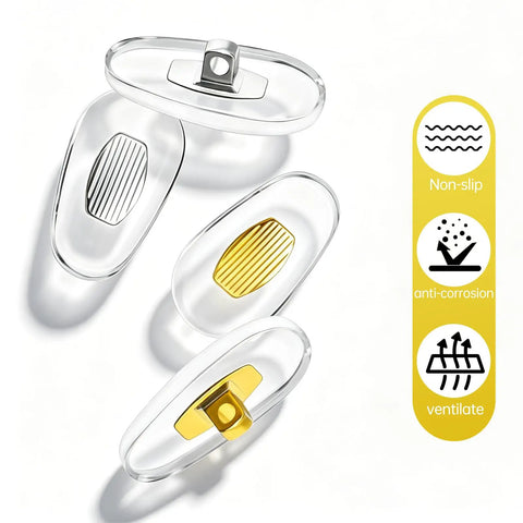 Top Shelf Nose Pads Replacement For Sunglasses And Glasses Comes With Gold And Silver Pair Ultra Snug Antislip Bridge Pad displayed.