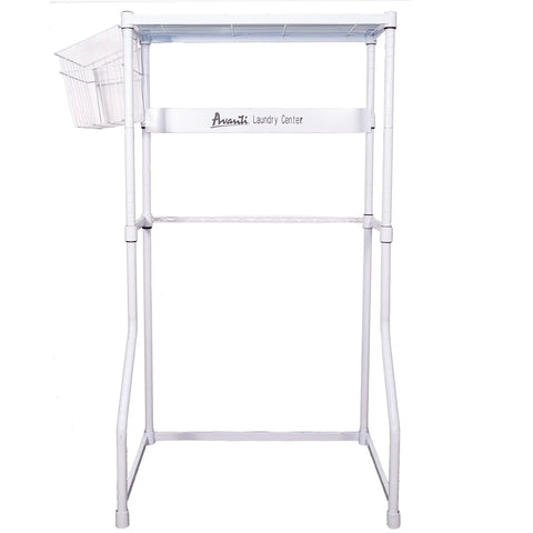 Stacking Laundry Center For Washer And Dryer With Adjustable Shelf Space Saver, White, shown with basket attachment