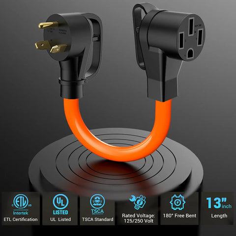 NEMA TT-30P To 14-50R EV Charger Adapter Cord for Level 2 home charging, flexible orange cable with black plug and socket