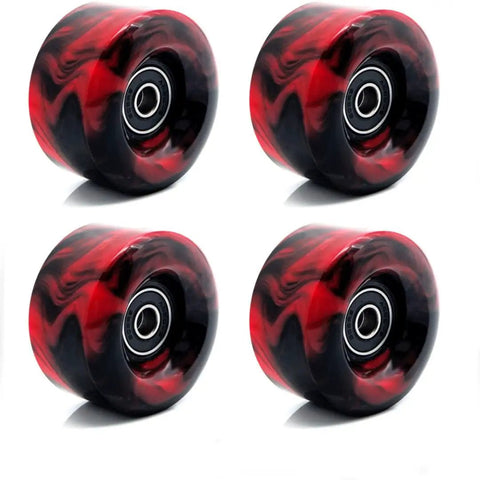 8 Piece Quad Roller Skate Wheels Set 58mm By 32mm 82A Hardness With 608RS Bearings Includes Spacers Durable Plastic Hubs For Skateboards And Roller Skates Dope Color Options Black White Red Black Gold Pink Purple White, featuring red and black wheels in a grid layout.
