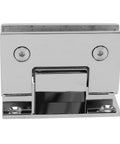 Close-up of a tough stainless steel frameless shower glass door hinge with 90 degree opening, built to last, wall or post install.