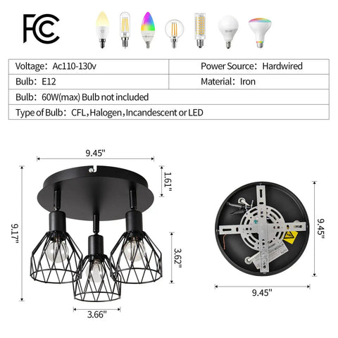 Dimensions of Three Light Ceiling Mount Kitchen Fixture With Multi Directional Rotating Black Iron Lamp Shades For Farmhouse Style Kitchens Dining Rooms Porches And Hallways E12 Bulb Not Included.