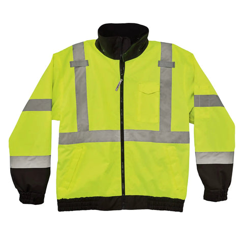 3 In 1 Hi Vis Winter Bomber Jacket With Fleece Liner In Lime, Weatherproof Shell For Cold Weather