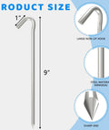 9 Inch Metal Tent Stakes Set 30 Pack Heavy Duty Galvanized Ground Anchors with dimensions and close-up details