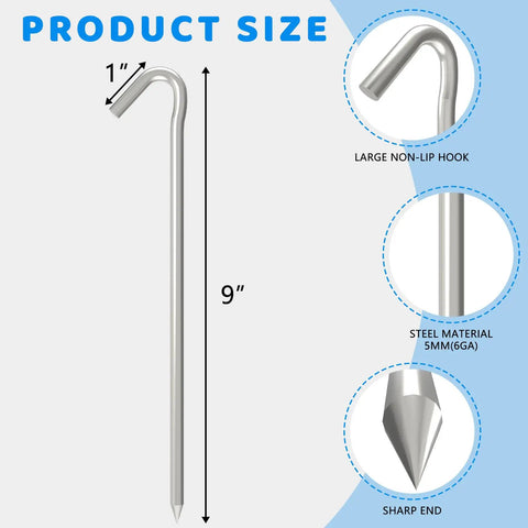 9 Inch Metal Tent Stakes Set 30 Pack Heavy Duty Galvanized Ground Anchors with dimensions and close-up details