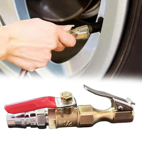 Person using Straight Up Slick Lock On Tire Inflator Chuck Quick Release Valve on a tire, showcasing a durable metal design.