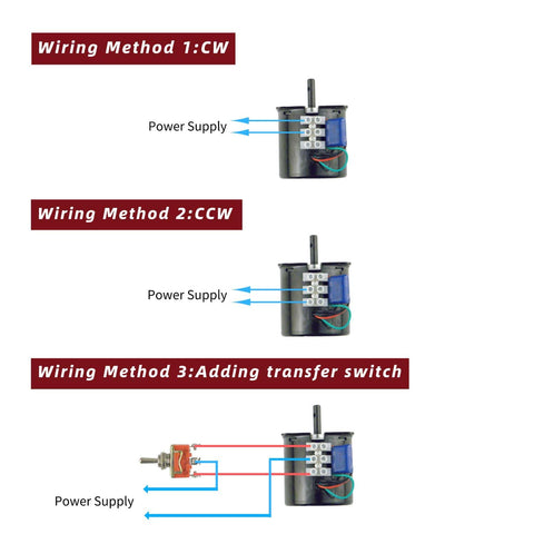 Wiring methods for 110V 5-6 RPM Gear Reduction Motor With Bracket And Power Cord High Torque Synchronous Drive.