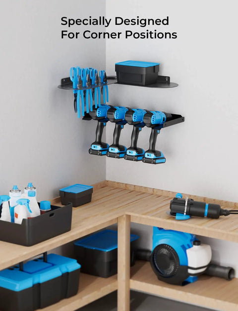 Power Tool Organizer Wall Mount 3 In 1 Cordless Drill Storage Shelf With 4 Holders Corner Design Heavy Duty Utility Rack in garage corner