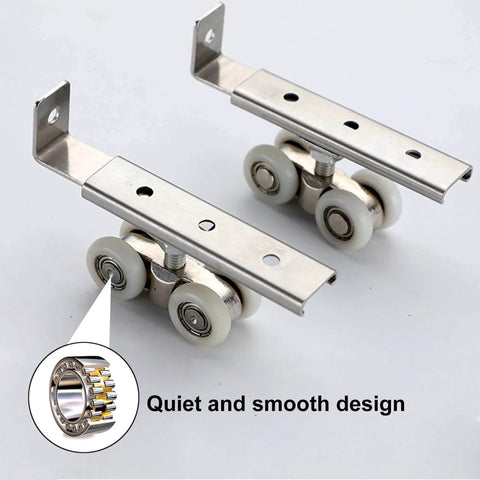Heavy Duty 2 Piece 4 Wheel Metal Sliding Track Wheel Set With Hanger And Ball Bearing Pulleys for quiet smooth operation