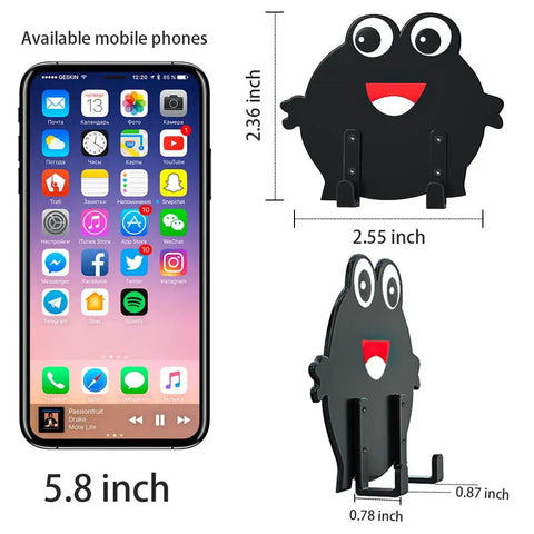 Adhesive Hooks 4 Pack Cute Frog Wall Hooks For Damage Free Hanging next to smartphone for size comparison, black aluminum alloy.