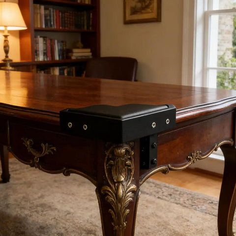 Heavy Duty Black Metal Corner Guards Set Of Four protecting a wooden table corner with a textured finish.