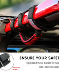 Close-up of two pack roll bar grab handles for Jeep Wrangler, red and black Oxford cloth, metal buckle installation, non-slip grip.