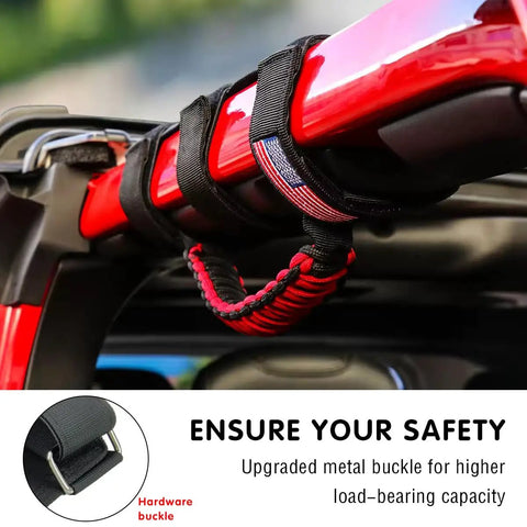 Close-up of two pack roll bar grab handles for Jeep Wrangler, red and black Oxford cloth, metal buckle installation, non-slip grip.